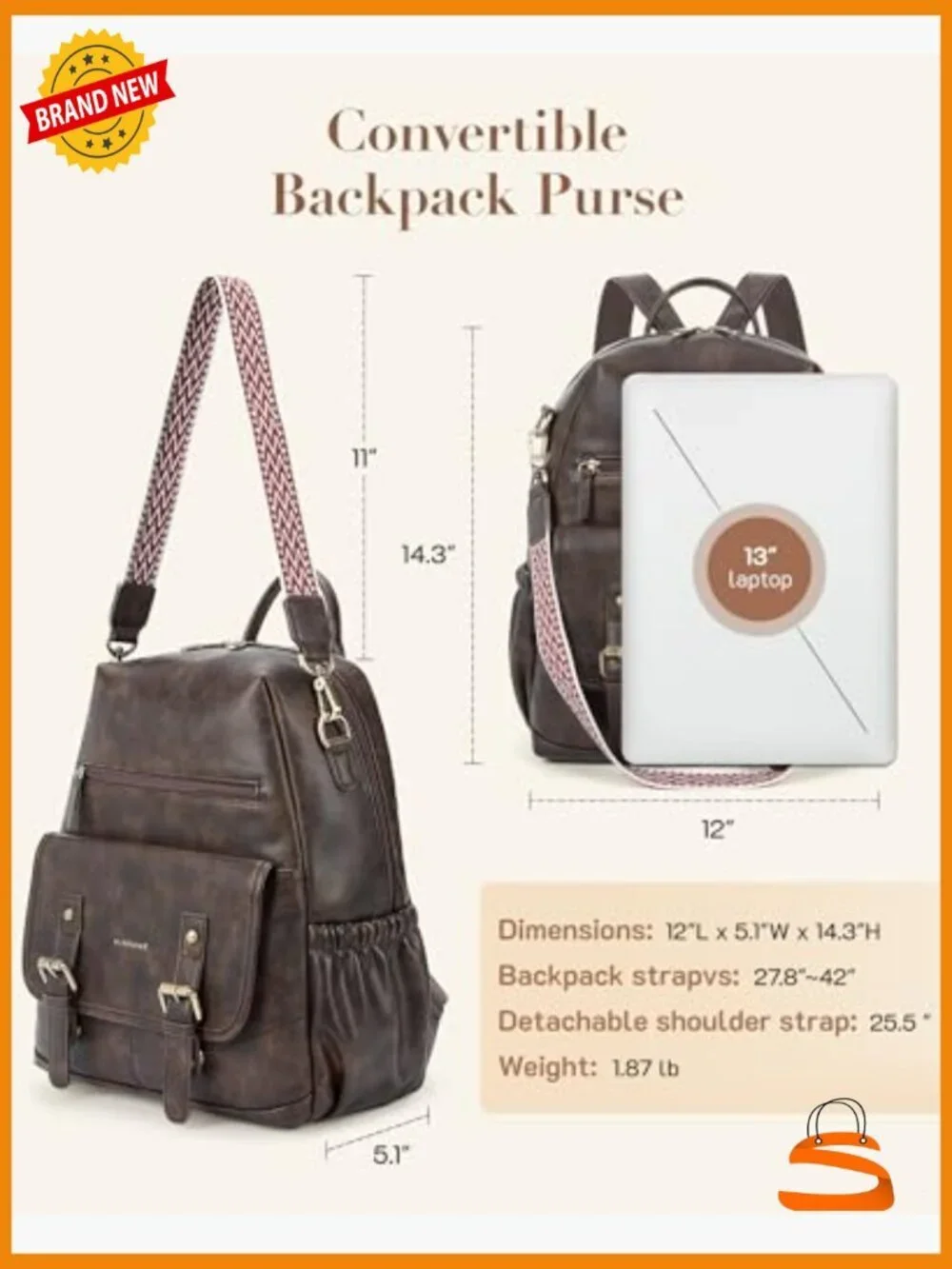 PU Leather Convertible Backpack Purse, Large Travel Satchel Handbag, Fits 13